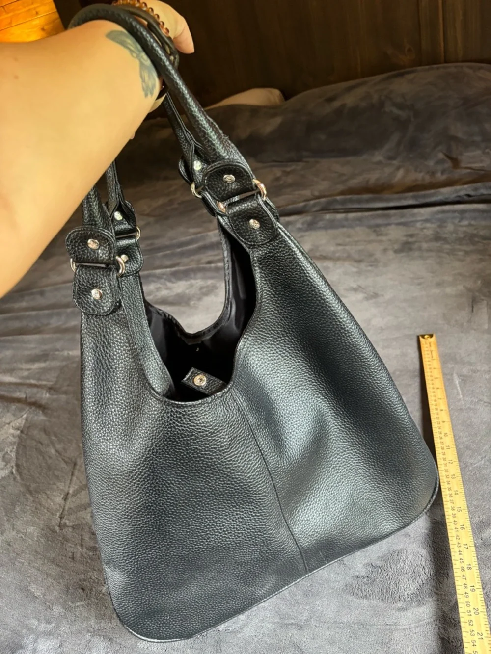 Lancôme Black Hobo Shoulder Bag Purse, Pebbled Leather, Silver Hardware